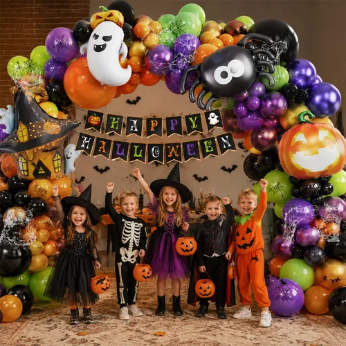 Vista 3 de Tesochye 161pcs Halloween Balloon Garland Kit with Happy Halloween Banner Black Orange Green Purple