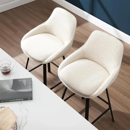 Vista 6 de Flouki Juego de 2 taburetes giratorios para mostrador, taburetes de bar beige para isla de cocina, sillas de barra de tela de lino modernas, base
