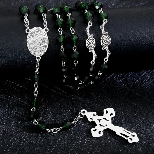 Vista 15 de KOMI Rosario de cuentas católicas para mujer, collar de cuentas de rosario con cruz de crucifijo, perlas de cristal, rosario, rosarios, católicos