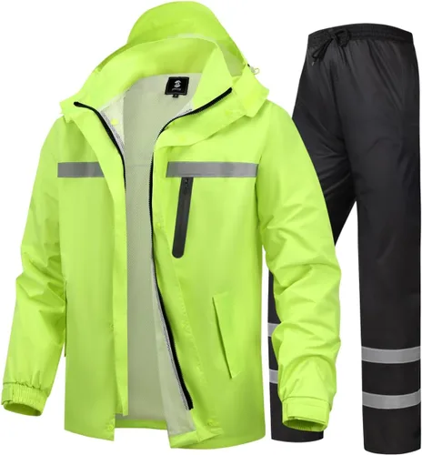 Vista 12 de Traje de lluvia para hombre, de alta visibilidad, reflectante, para trabajo, chaqueta de lluvia, pantalones para todos los deportes, granja, pesca
