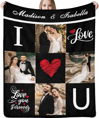 Vista 6 de Manta de fotos personalizada, manta de pareja de boda, con texto en inglés «He Asked And She Said Yes», 4 fotos, manta de boda, regalo romántico