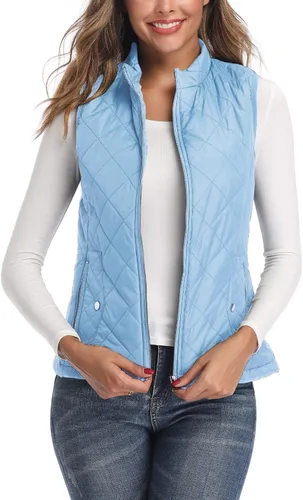 Vista 7 de LONGKING Chaleco de mujer, cuello alto, ligero, con cremallera, acolchado para mujer Rosa albaricoque