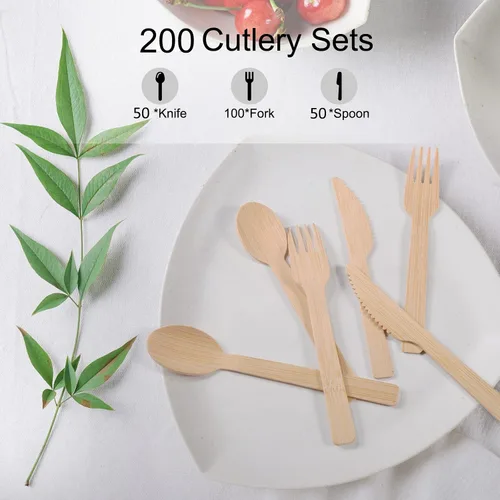 Vista 2 de Juego de 200 cubiertos desechables de bambú – Juego de cubiertos de bambú ecológico con 100 tenedores, 50 cucharas y 50 cuchillos, perfectos