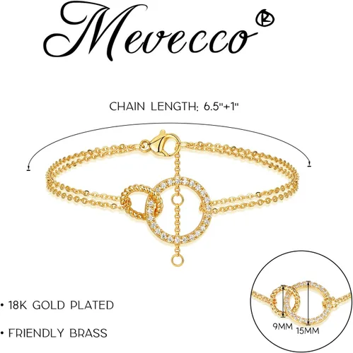 Vista 6 de MEVECCO Pulsera de cadena de oro para mujer, chapada en oro de 18 quilates, pulsera ajustable en capas, delicada pulsera minimalista hecha a mano