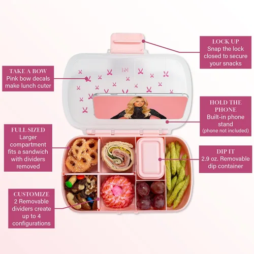 Vista 2 de Paris Hilton Paquete de 2 cajas de aperitivos estilo bento, contenedores de almuerzo de 7 compartimentos con soporte para teléfono integrado