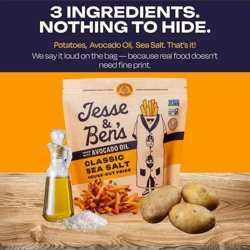 Vista 6 de Jesse & Ben's Classic Sea Salt Fries, Made with Avocado Oil, Gluten-Free, Non-GMO, Vegan Frozen Potatoes, Healthy Snack with No Seed Oils, Delicious