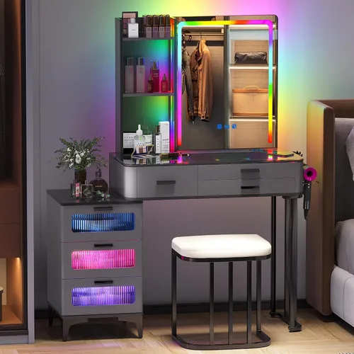 Vista 10 de Gurexl Escritorio LED de maquillaje con luces, juego de tocador con estación de carga, tocador LED con 3 cajones de almacenamiento para dormitorio