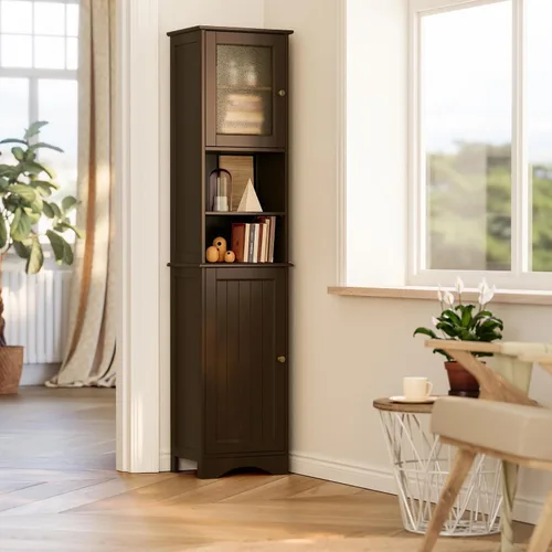 Vista 8 de Gizoon - Armario de almacenamiento alto para baño con estantes ajustables Marrón oscuro