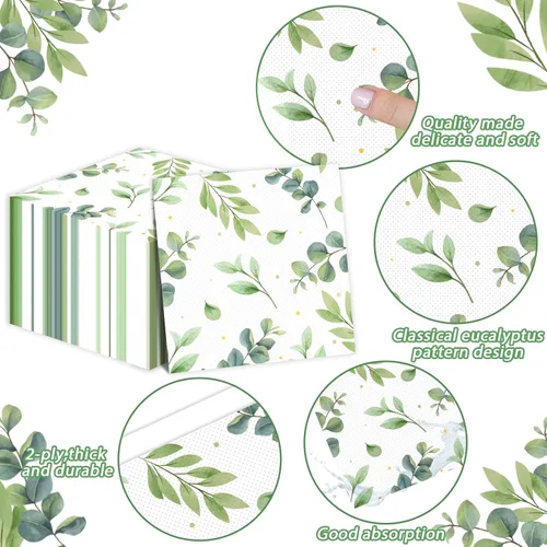 Vista 3 de 50 servilletas de papel de eucalipto, color verde salvia, decoración de fiesta de cumpleaños, servilletas de postre desechables con temática