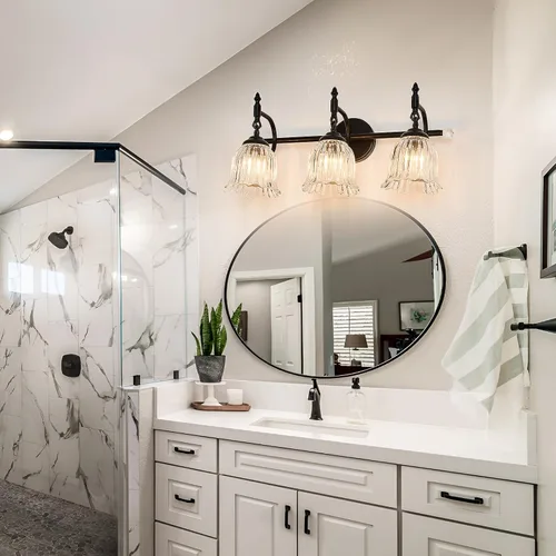 Vista 7 de CVKASH Accesorios de Lámpara de Tocador de Baño de 3 Luces Sobre Espejo, Lámpara de Tocador Moderna Negra con Pantalla de Vidrio, Aplique de Pared