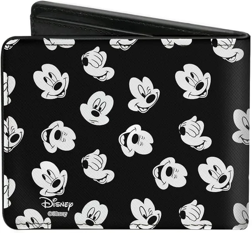 Vista 2 de Billetera plegable de PU Mickey Mouse 5 Expresiones Botón Logo Negro Blanco Rojo Amarillo