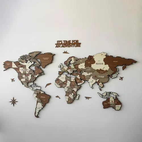 Vista 4 de Colorfull Worlds Mapa del mundo de madera y metal 3D montado, mapa de madera multicapa sobre base de metal, mapa artístico de pared de madera