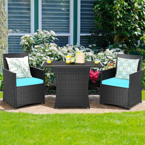 Vista 4 de COSTWAY Juego de muebles de ratán de patio, 3 piezas, cojín para sofá, reposabrazos de jardín, turquesa