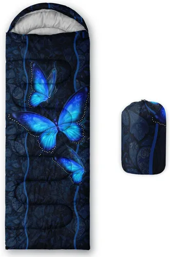 Vista 20 de HOSIMA Saco de dormir de mariposa para adultos y niños para campamento, saco de dormir ultraligero gótico negro para clima frío y verano.