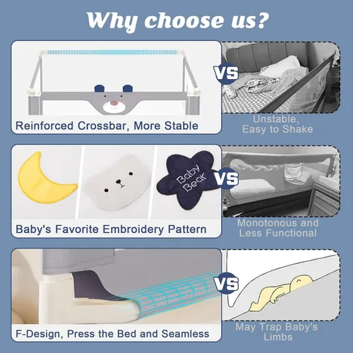 Vista 3 de JWPEHOE Barandilla de cama de 3 piezas para niños pequeños con barra de cabecero, protector de riel ajustable para cama de bebé, cama
