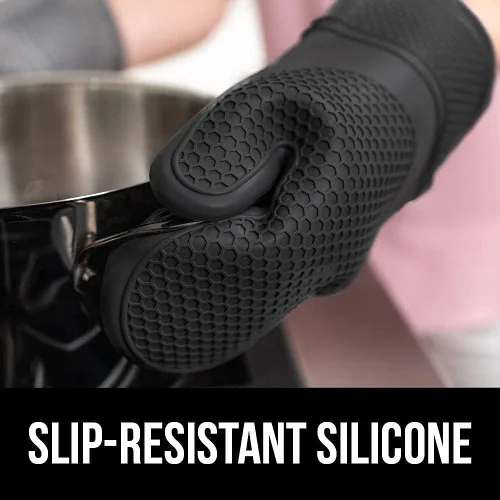Vista 2 de Gorilla Grip Juego de guantes de horno de silicona y juego de mortero y mortero, los guantes de horno negros son resistentes al calor, la capacidad