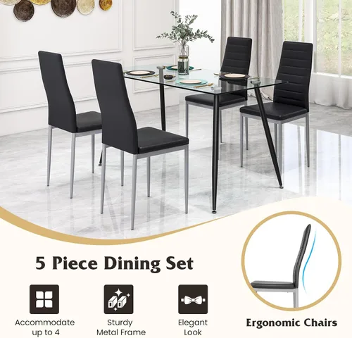 Vista 4 de Giantex Juego de mesa de comedor para 4, juego de sillas de mesa de cocina con mesa rectangular de vidrio de 51 pulgadas, 4 sillas de comedor