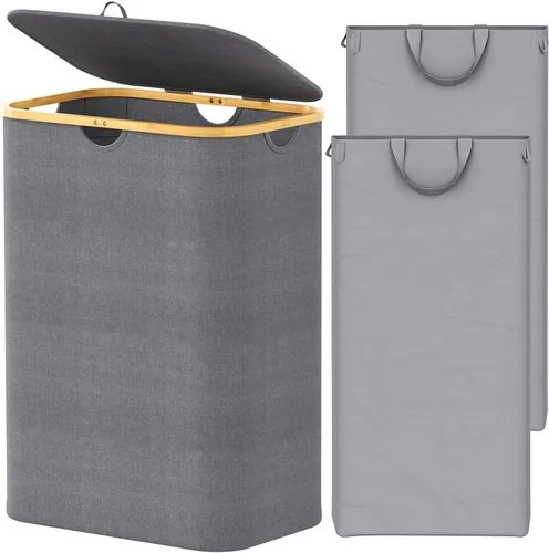 Vista 14 de SpaceAid Cesta de lavandería delgada con ruedas y tapa, cesta de ropa estrecha rodante de 62 litros con mango de bambú, canasta grande para ropa