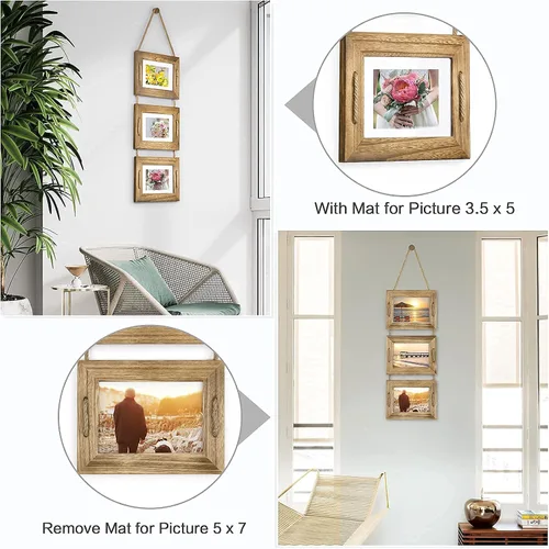Vista 3 de DLQuarts Marcos de Fotos Colgantes 5x7 Collage Decoración de Pared, Marcos de Fotos de 3 Aberturas 5x7 sin Paspartú y 3.5x5 con Paspartú, Madera