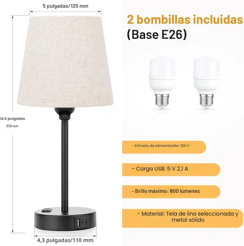 Vista 5 de Mini Lámparas de Mesita de Noche para Dormitorios Juego de 2 - Lámparas de Mesita de Noche para Dormitorio con Puerto USB C y Toma de Corriente AC