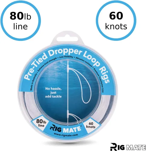 Vista 3 de Plataformas de bucle cuentagotas preatadas de 80 libras. Carrete de línea de pesca. Bucles de 18 pulgadas de distancia con tamaño de bucle de 5.5