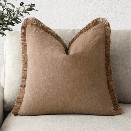 Vista 10 de Foindtower Fundas de almohada decorativas de lino con flecos, acogedora funda de cojín bohemia estilo farmhouse con borlas, funda de almohada