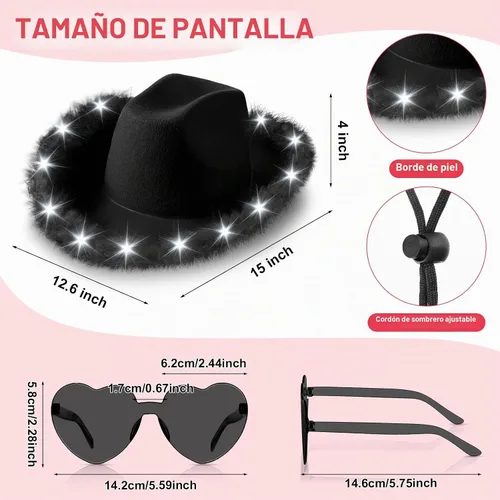 Vista 2 de Zhanmai 6 Pcs Cowgirl Light up Hat with Feather and Heart Sunglasses Negro