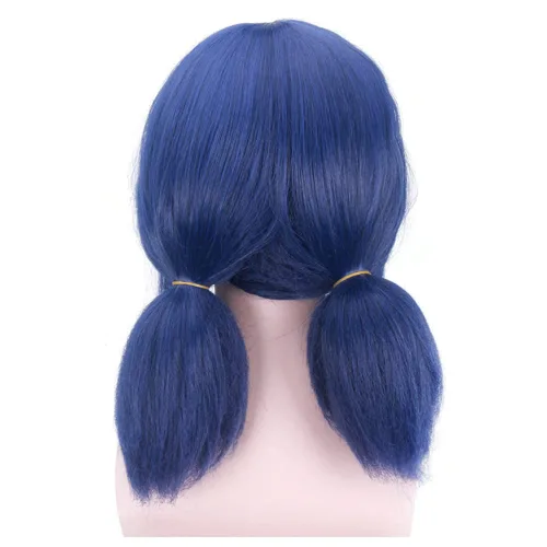 Vista 4 de DAZCOS Peluca de cosplay de anime para niñas y mujeres, cabello azul con cuerda roja
