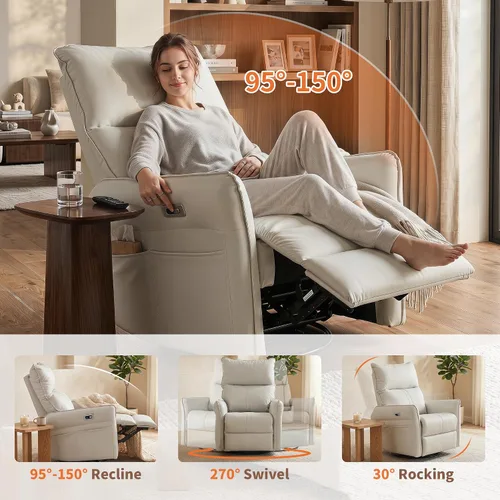 Vista 3 de Silla reclinable giratoria de 270 grados, sofá reclinable eléctrico de piel sintética con puertos USB, color gris claro