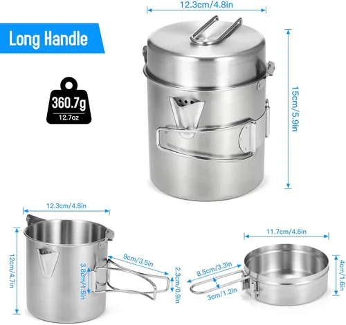 Vista 5 de Lixada Hervidor de cocina para camping, olla de acero inoxidable de 1 litro con mango plegable y cubierta de doble uso, portátil para senderismo