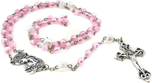 Vista 5 de Juego de rosario y rosario de corte de cristal rosa madre María, rosario católico, rosarios católicos para mujer, regalos católicos para mujer