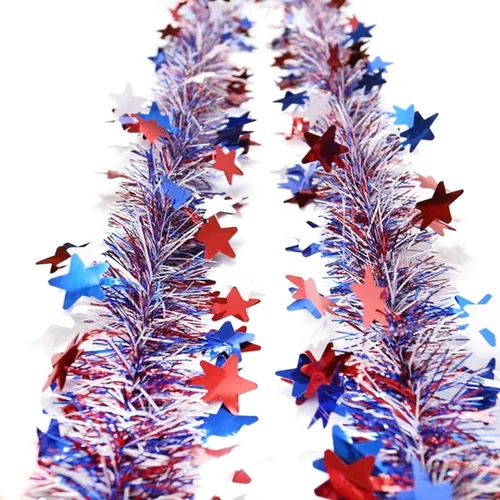 Vista 3 de Dzrige Guirnalda patriótica de oropel, guirnalda colgante de oropel rojo, blanco y azul, suministros de decoración patriótica con purpurina