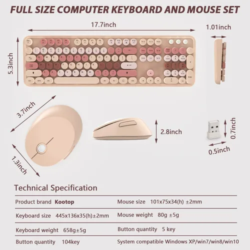 Vista 7 de Combo de teclado y mouse inalámbricos colorido - Teclado inalámbrico de 104 teclas con almohadilla numérica para PC Windows, portátil, laptop