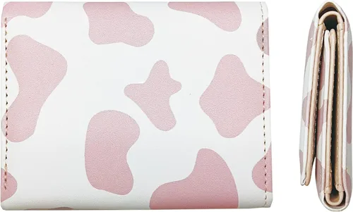 Vista 3 de MOZXIRZ Cartera de piel sintética para mujeres y niñas con estampado de vaca de tres pliegues delgada y corta con diseño de caricaturas triple