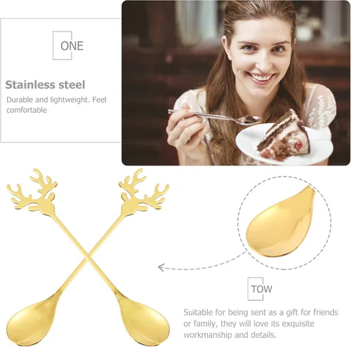 Vista 4 de 2 cucharas de reno de acero inoxidable, cucharaditas con forma de cabeza de ciervo de Navidad, cuchara de café de postre, cuchara de té creativa
