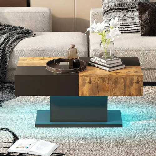 Vista 13 de HedoAjim - Mesa de café LED para sala de estar, mesa rectangular central de sala de estar, mesas de café modernas de madera con alto brillo y luces