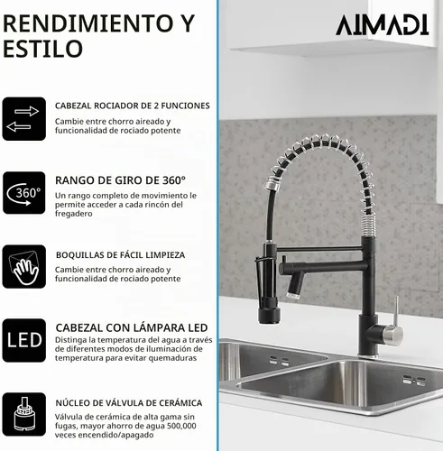 Vista 6 de AIMADI Grifo de cocina negro con rociador extraíble, acero inoxidable Negro y níquel