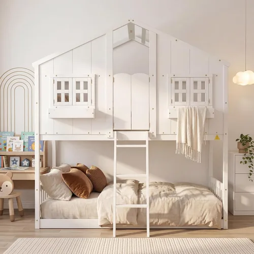 Vista 5 de VECELO Full Over Full House Bunk Bed with Safety Rail, Ladder, Windows & Doors, Solid Wood Playhouse Bunk Bed, No Box Spring Needed, White