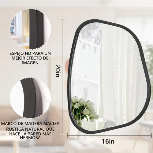 Vista 7 de Espejo de pared asimétrico negro grande de 20 x 16 pulgadas, espejo ovalado irregular, marco de madera moderno, forma única, espejo artístico