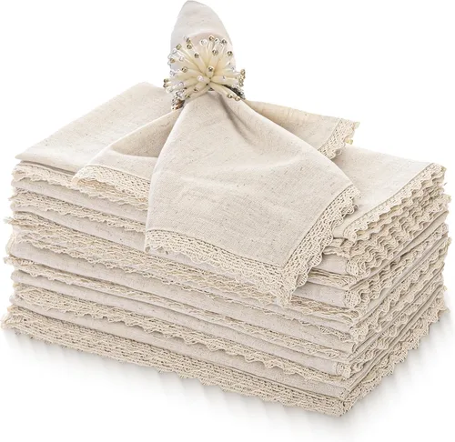 Vista 21 de FINGERCRAFT Servilletas de tela de lino y algodón de 12 unidades con esquinas ingletadas y elegante encaje para uso diario; las servilletas están