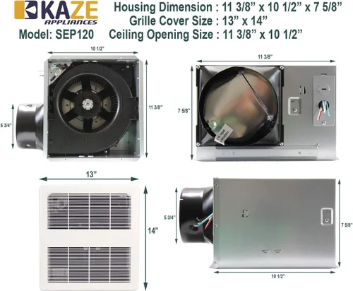 Vista 4 de KAZE APPLIANCE SEP120 120 CFM 0.3 Sone Ultra silencioso Ventilador de ventilación de escape de baño de ahorro de energía certificado Energy