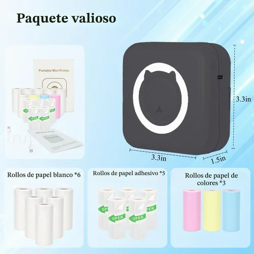 Vista 2 de Mini Impresora Térmica de Pegatinas sin Tinta con 14 Rollos de Papel, Compatible con iPhone/Teléfono Android/Tableta, Mini Impresora de Bolsillo