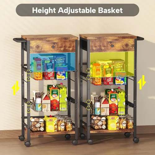 Vista 5 de Organizador de cocina y carrito de almacenamiento con cajón de tela y asa práctica, carrito organizador de aperitivos con 2 cestas extraíbles y 2