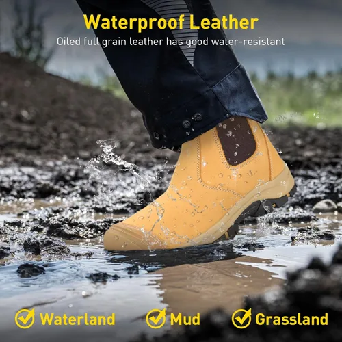 Vista 4 de OUXX Botas de trabajo Chelsea con punta de acero para hombre, botas de seguridad sin cordones, cuero impermeable, suela antideslizante, entresuela