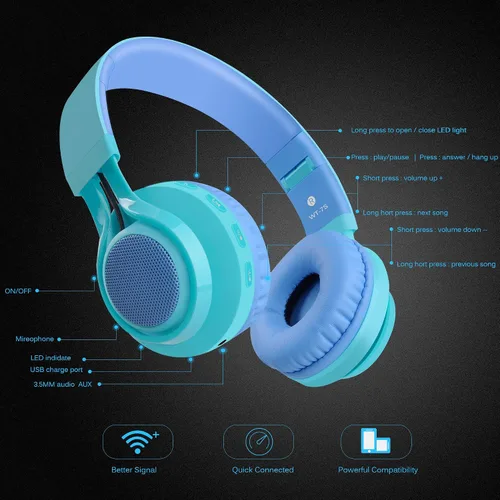 Vista 5 de Riwbox WT-7S audífonos estéreo plegables con Bluetooth y luces, inalámbricos, con micrófono y control de volumen para computadora, teléfonos