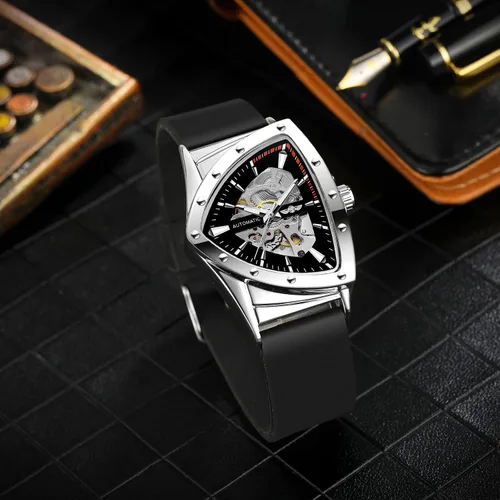 Vista 5 de FORSINING Reloj de pulsera mecánico triangular impermeable para hombre con correa de silicona