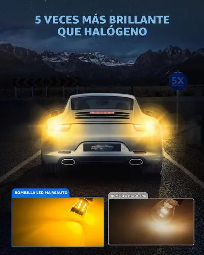 Vista 2 de Marsauto Bombilla LED de señal de giro, 3157 LED ámbar para reemplazo de luz de señal de giro delantera/trasera, con espejo convexo a reflector