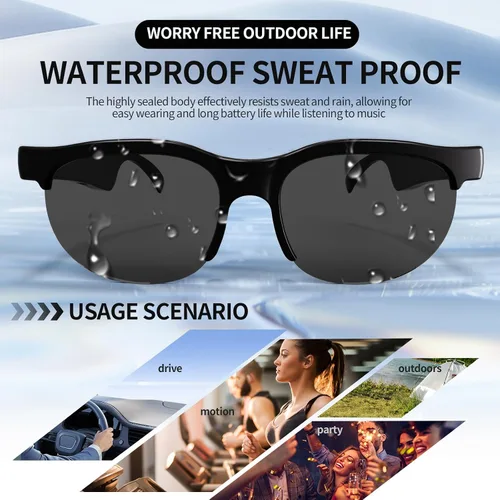 Vista 4 de Lentes de sol inteligentes con Bluetooth para hombres y mujeres, batería de 8 horas, llamadas y música manos libres, IPX5, impermeables
