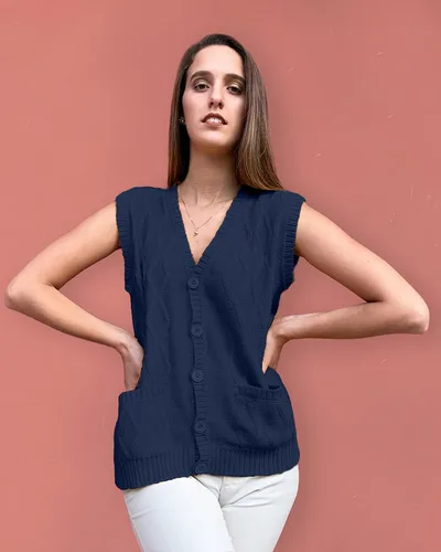 Vista 2 de Peru - Chaleco tipo cárdigan de lana de alpaca con cuello en V para mujer, talla S-4XL