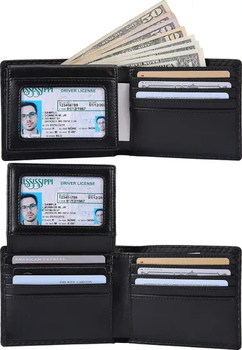 Vista 2 de NUMBER.WU 2 ID ventana carteras para hombres bloqueo RFID hombres de fibra de carbono doble cuero genuino trifold cartera para hombre, Negro, M
